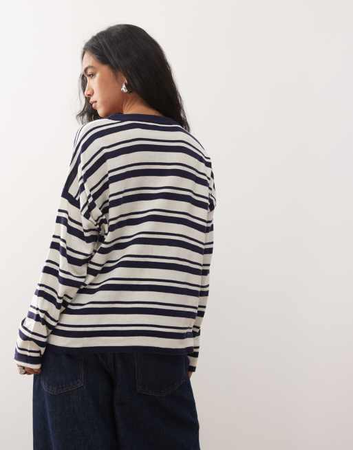 COLLUSION stripe crew jumper in navy, 3 of 4