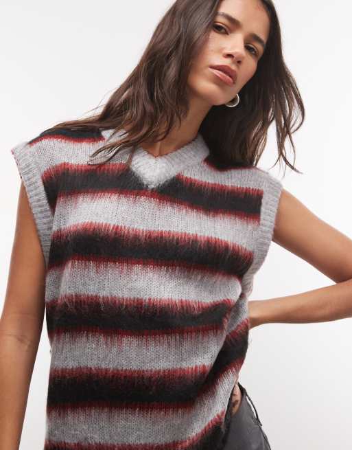COLLUSION stripe fluffy knit sweater vest in gray & red stripe, 3 of 4
