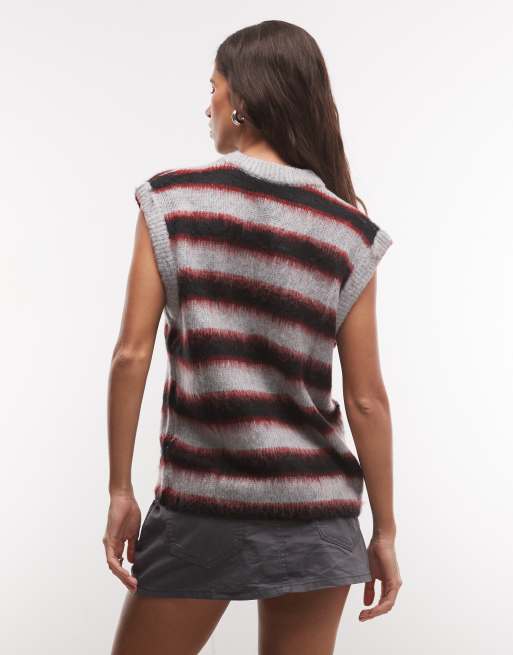 COLLUSION stripe fluffy knit sweater vest in gray & red stripe, 4 of 4