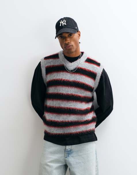 COLLUSION stripe fluffy knit vest in grey & red stripe - view 1