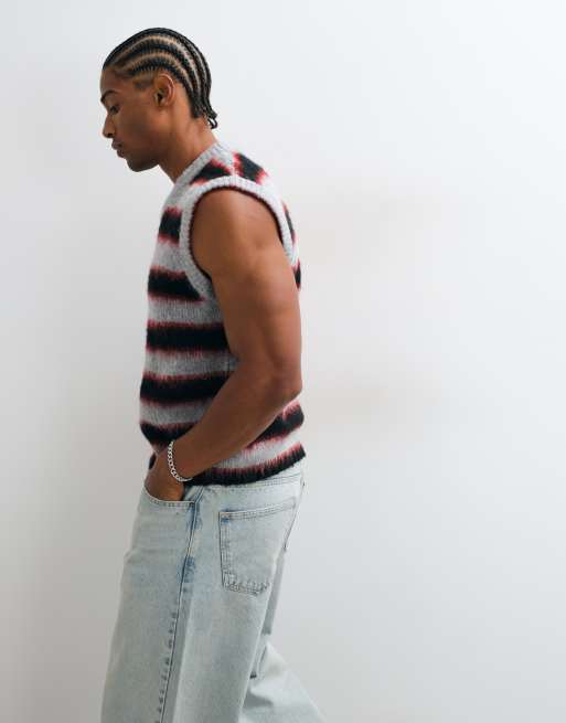 COLLUSION stripe fluffy knit vest in grey & red stripe, 3 of 5