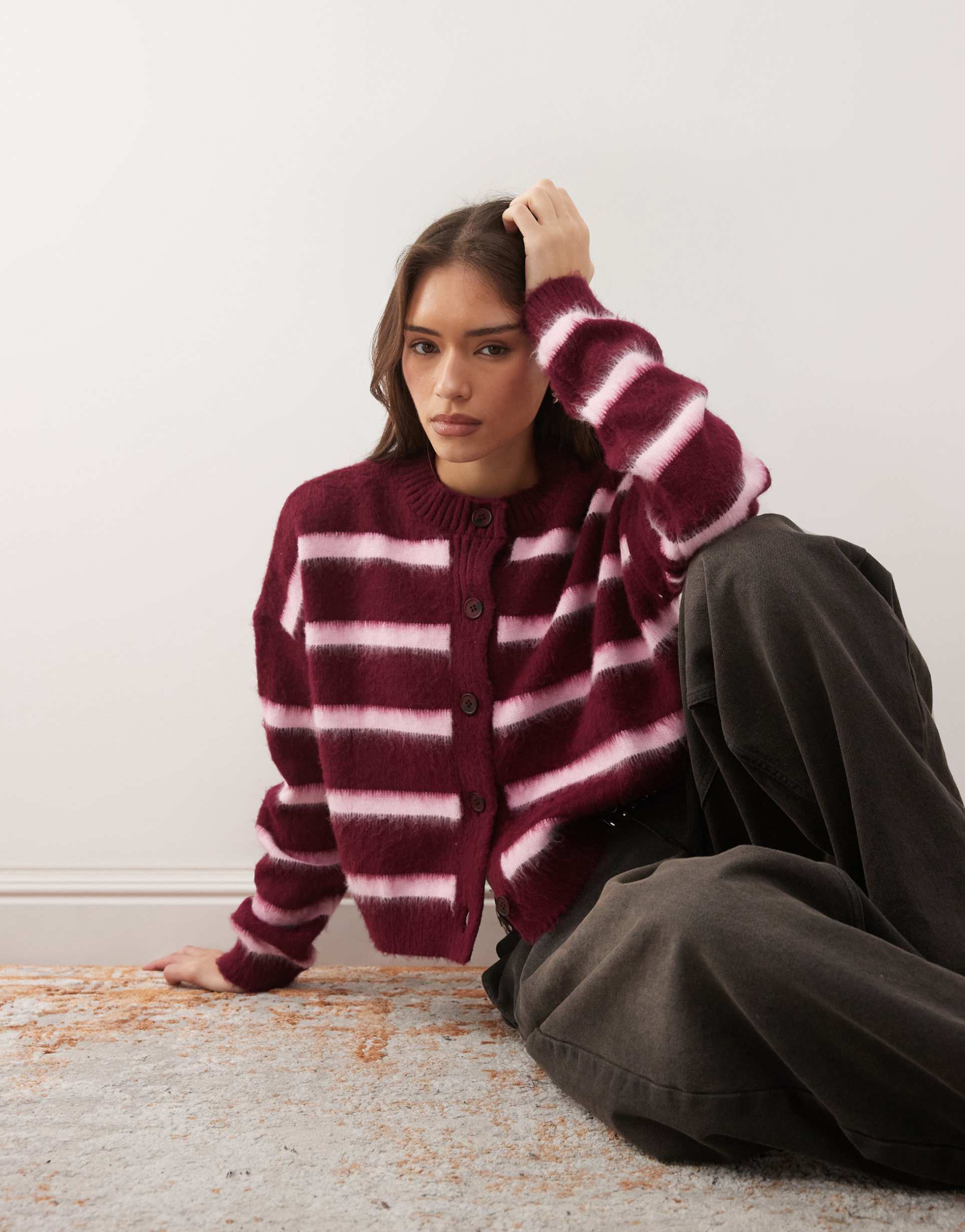 collusion stripe knit cardigan in bright pink