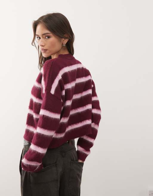 COLLUSION stripe knit cardigan in bright pink, 3 of 4