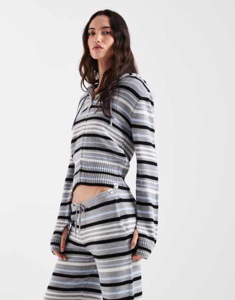 COLLUSION stripe knit zip through hoodie in gray and blue - view 1