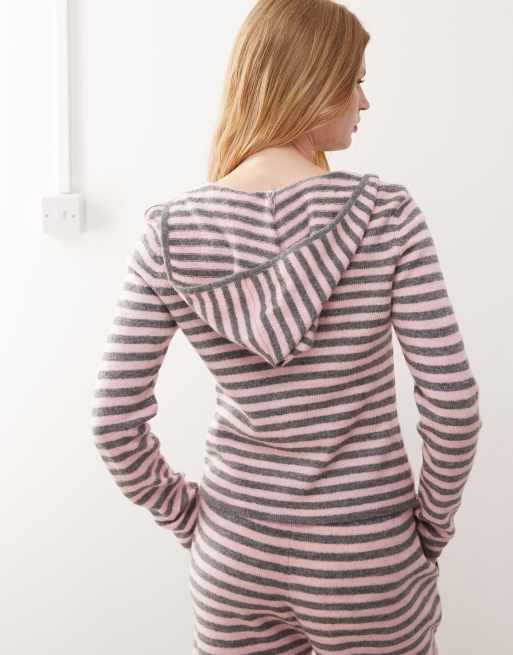 COLLUSION stripe knit zip up hoodie in pink and gray