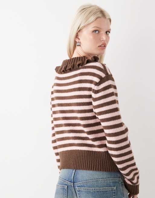 COLLUSION stripe knitted cardi with frill collar in pink and brown stripe, 4 of 4