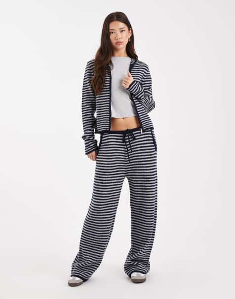 COLLUSION stripe knitted straight leg pant in blue grey stripe - view 1