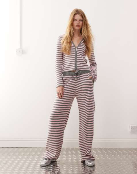 COLLUSION stripe knitted straight leg pants in pink and grey - view 1