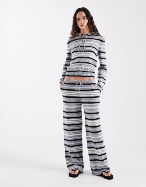 COLLUSION stripe knitted straight leg trouser in grey and blue