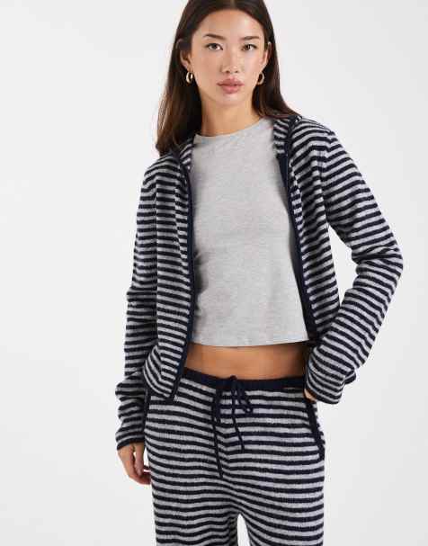 COLLUSION stripe knitted zip through hoodie in blue grey stripe - view 1