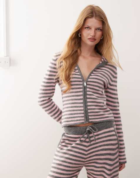COLLUSION stripe knitted zip through hoodie in pink and grey - view 1