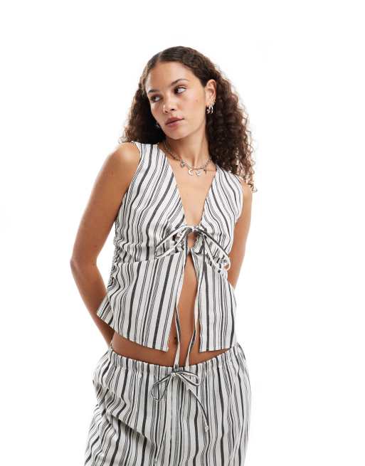 COLLUSION stripe linen look shirred tank top with tie side - part of a set
