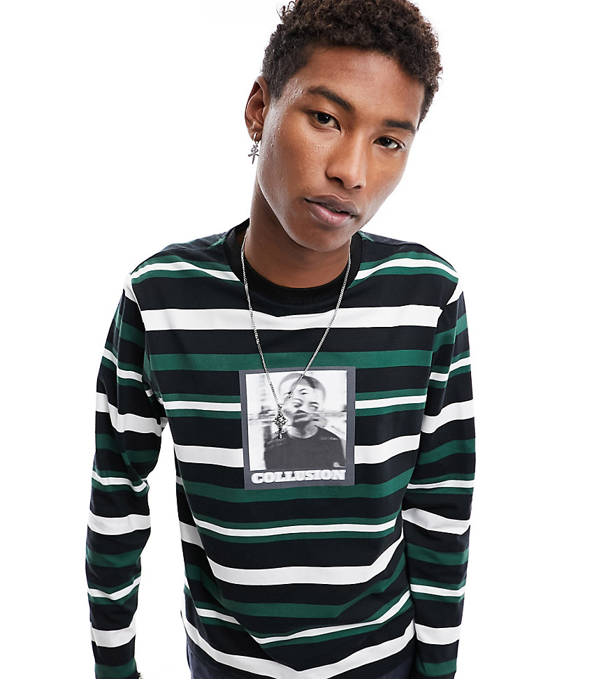 COLLUSION Stripe long sleeve t-shirt with photographic print-Multi