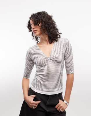 Collusion Stripe Long Sleeve V Neck With Front Twist In Gray