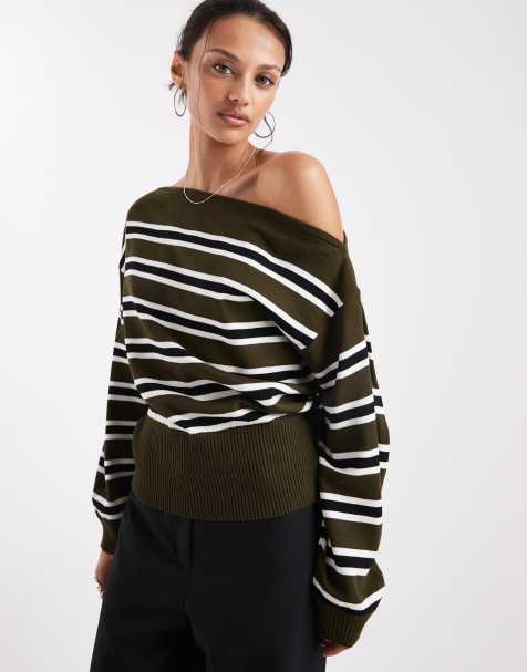COLLUSION stripe off shoulder knitted top in olive - view 1