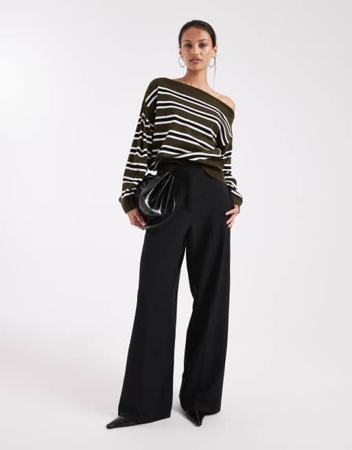 COLLUSION stripe off shoulder knitted top in olive, 2 of 4