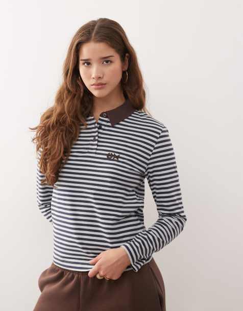 COLLUSION stripe polo long sleeve top - view 1