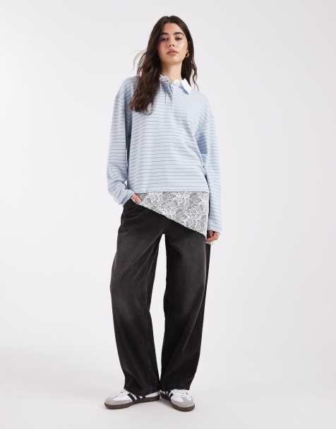 COLLUSION stripe rugby top with asymmetric lace trim in blue - view 1