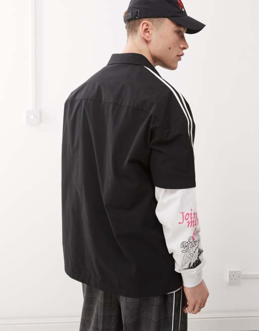 COLLUSION stripe shoulder SL shirt in black, 4 of 4
