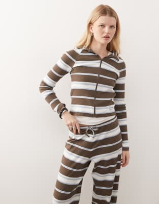 Collusion Stripe Shrunken Zip Through Hoodie Co-ord-navy In Brown