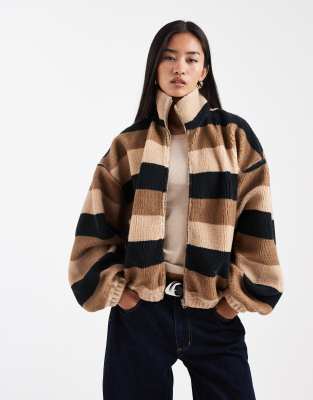 Collusion Striped Borg Fleece Zip Up Top In Multi
