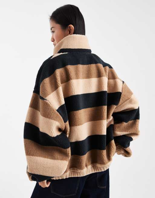 COLLUSION striped borg fleece zip up top in brown