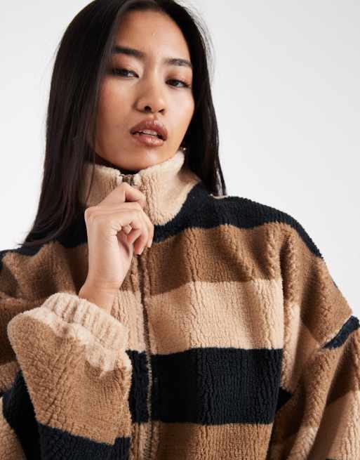 COLLUSION striped borg fleece zip up top in brown