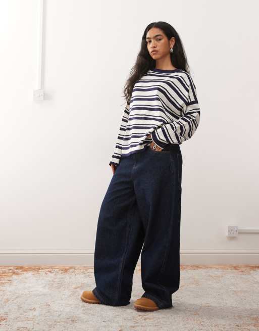 COLLUSION striped crew neck sweater in navy, 2 of 4