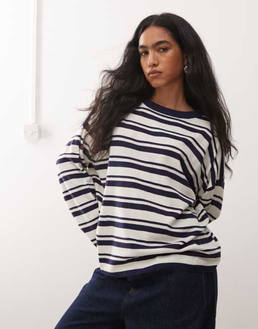 COLLUSION striped crew neck sweater in navy, 4 of 4