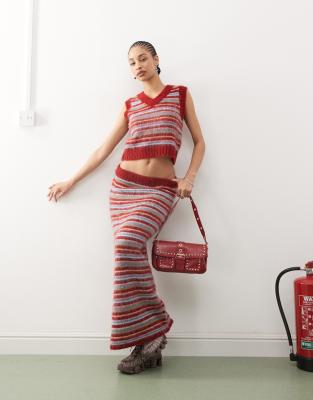 Collusion COLLUSION striped fluffy knitted maxi skirt in burgundy-Red