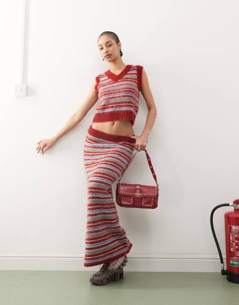COLLUSION striped fluffy knitted maxi skirt in burgundy - view 1