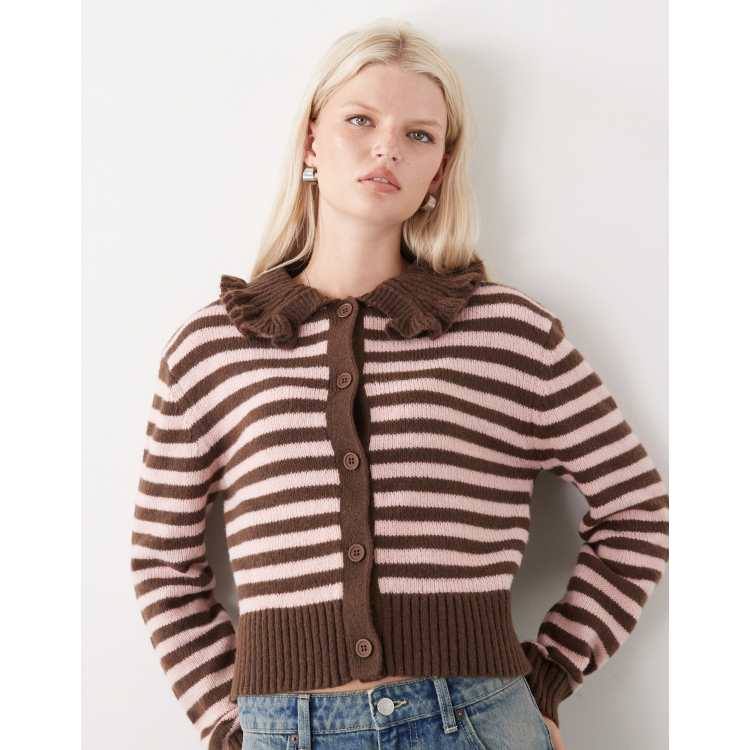 COLLUSION striped knit cardigan with frill collar in pink and