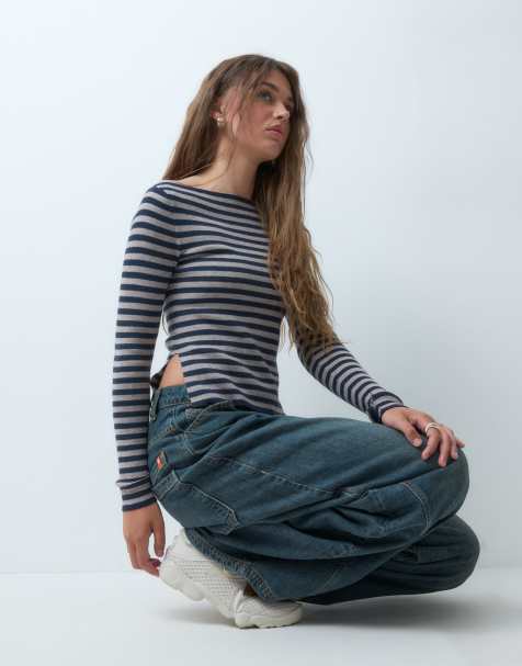 COLLUSION striped knit slash neck top - view 1