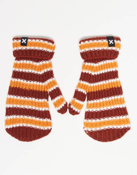 COLLUSION striped mittens in brown and orange stripe - view 1