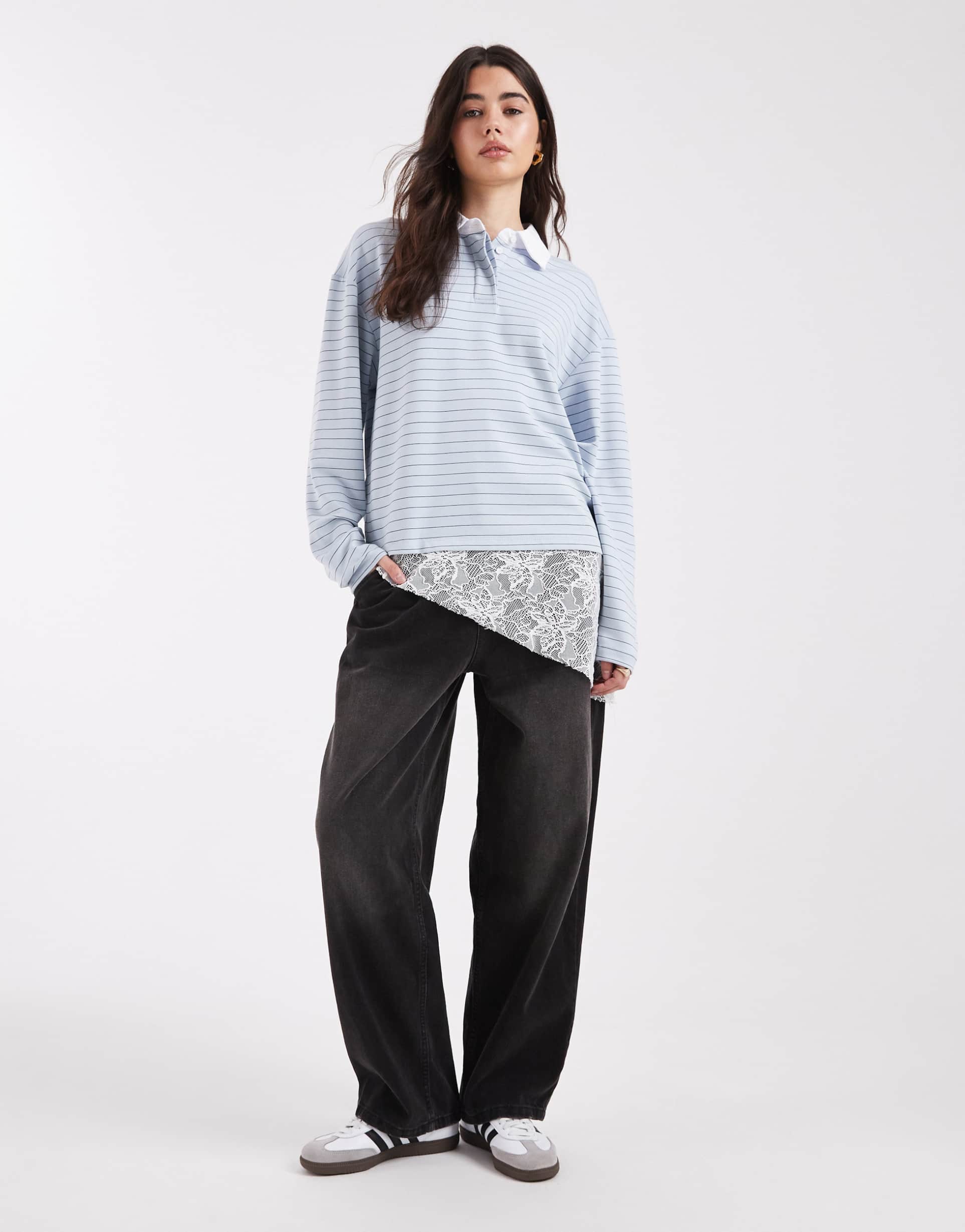 collusion striped rugby top with asymmetric lace trim in blue