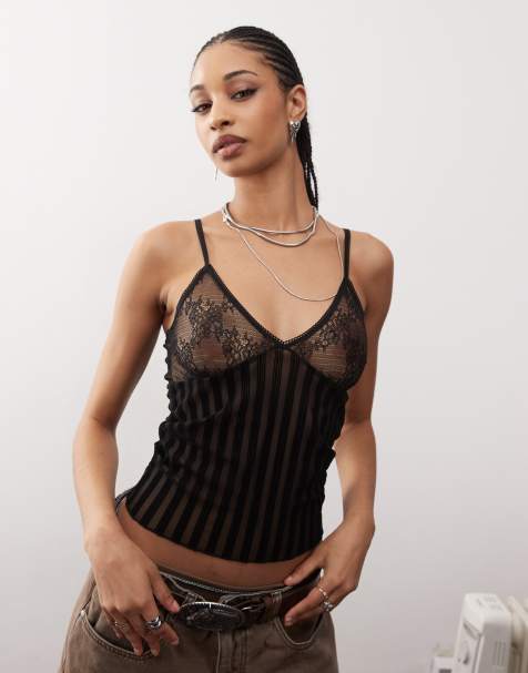 COLLUSION striped sheer lace detail cami in black - view 1