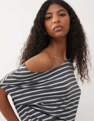 Collusion Striped Slubby Off The Shoulder Top-multi In Blue