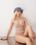 [Collusion] COLLUSION striped tankini top in brown stripe-Red 16 Brown Stripe