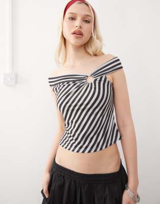 COLLUSION stripe plunge neck backless top in blue