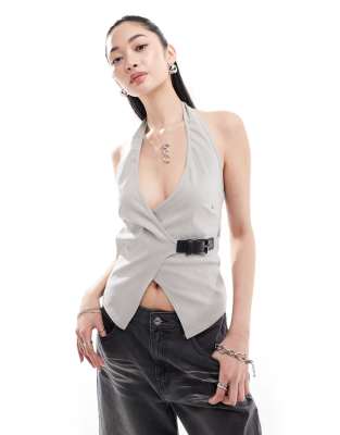 COLLUSION structured halter waistcoat with buckle detail in mink-Brown