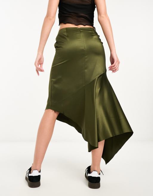 【kyo】FLIP OVER TAIL SLIT SKIRT COLLUSION studios asymmetric satin skirt in khaki - part of