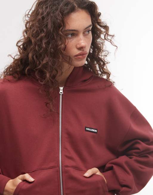 COLLUSION sudadera con capucha boxy de tejido grueso con cremallera en granate, conjunto, 3 de 4
