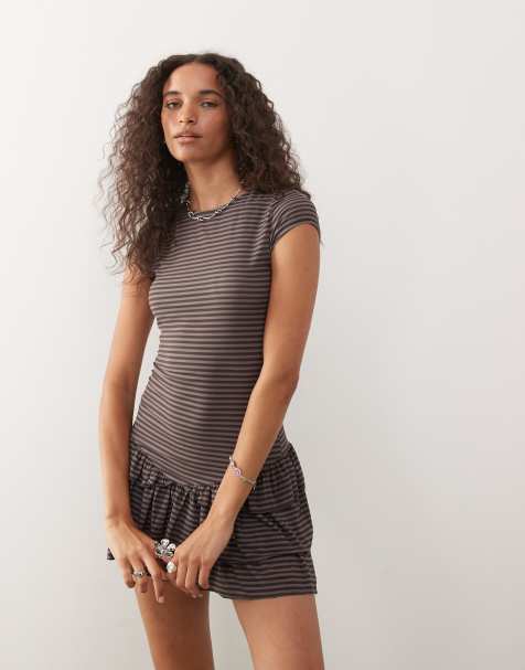 COLLUSION ruffle mini dress in brown grunge stripe