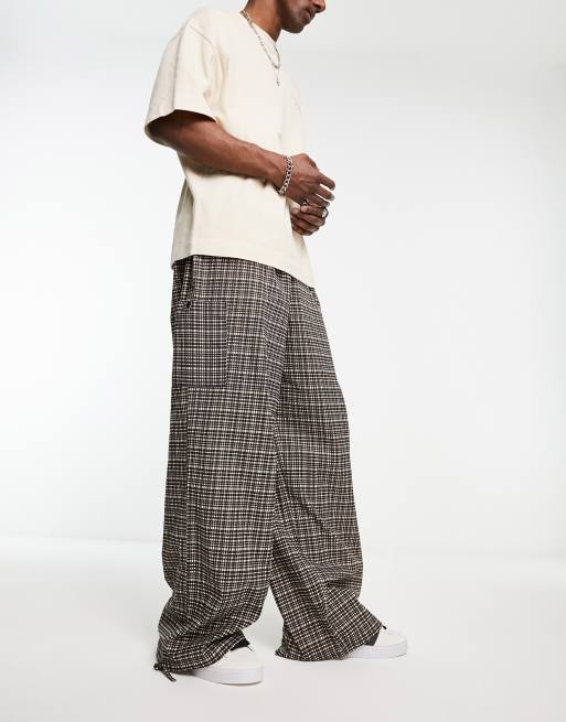 COLLUSION super flood skater fit parachute pants in brown check