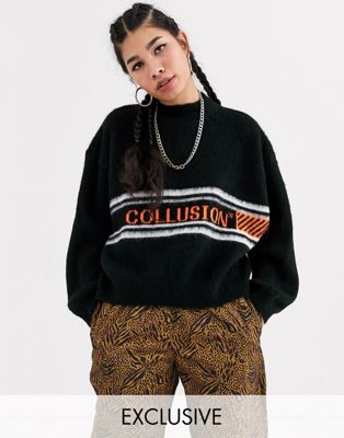 COLLUSION – Svart borstad tröja med mönster