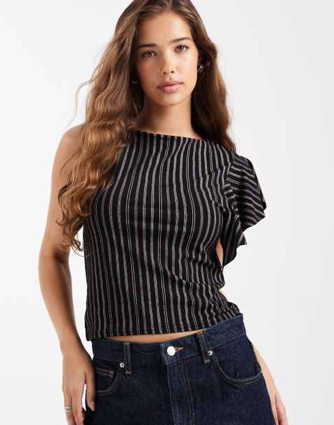 COLLUSION – Svart, kritstrecksrandig, enaxlad topp med volanger - view 1