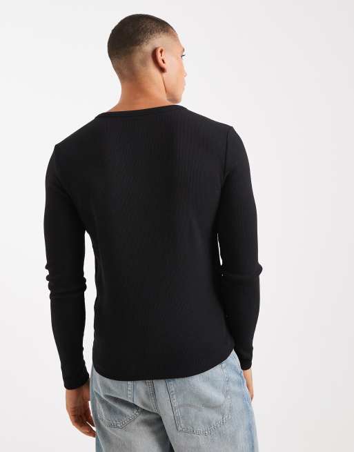 COLLUSION – Svart, smal t-shirt med långa ärmar och knäppning, 3 av 5