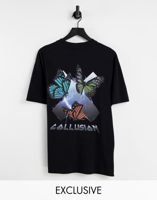 COLLUSION – Svart t-shirt med grafiskt fjärilstryck