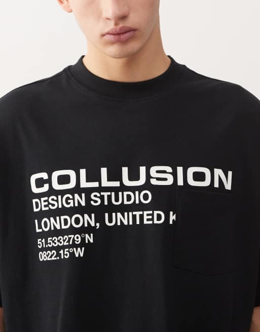 COLLUSION – Svart t-shirt med tryck och ficka, 5 av 5