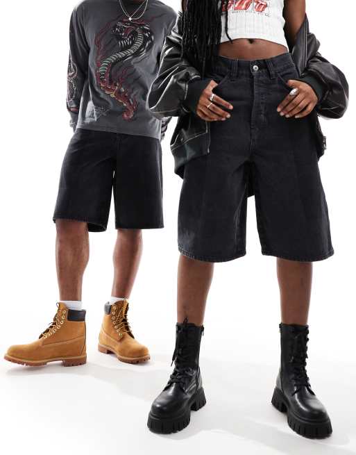 COLLUSION – Svarta, tvättade jeansshorts i skaterstil med lappad design, 4 av 4
